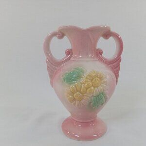 Hull Pottery Sunglow Double Handle Vase 88 5 1/2 Pink Yellow Green 5.75" Vintage